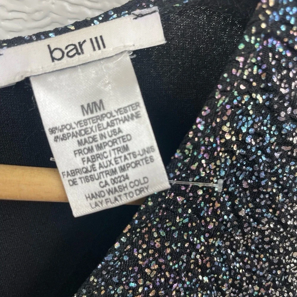Bar III Black Metallic Shimmer V Neck Sparkly Stretch Party A Line Dress Petite